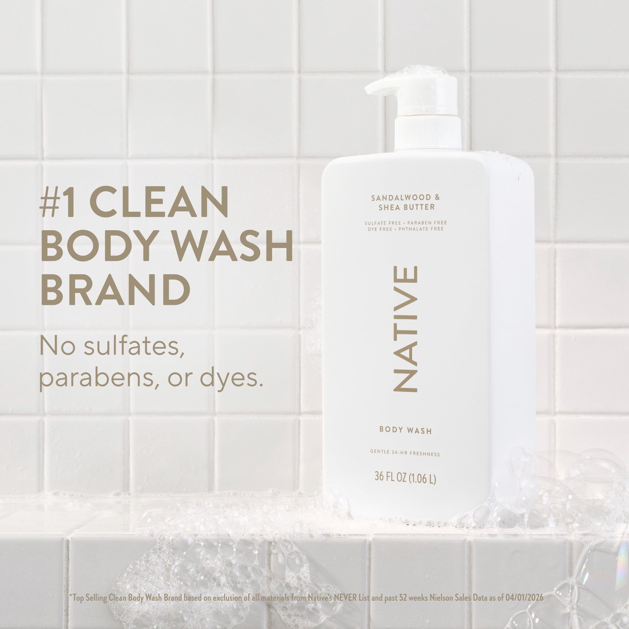Native Body Wash for Women & Men, Sulfate Free, Sandalwood & Shea Butter, 36 fl oz