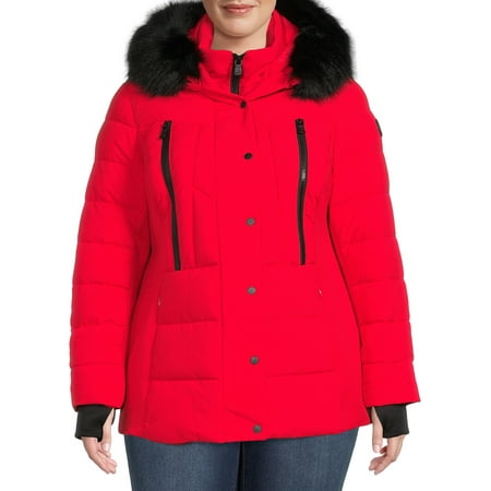 F.O.G. Women's Plus Size Short Puffer Coat with Faux Fur Hood