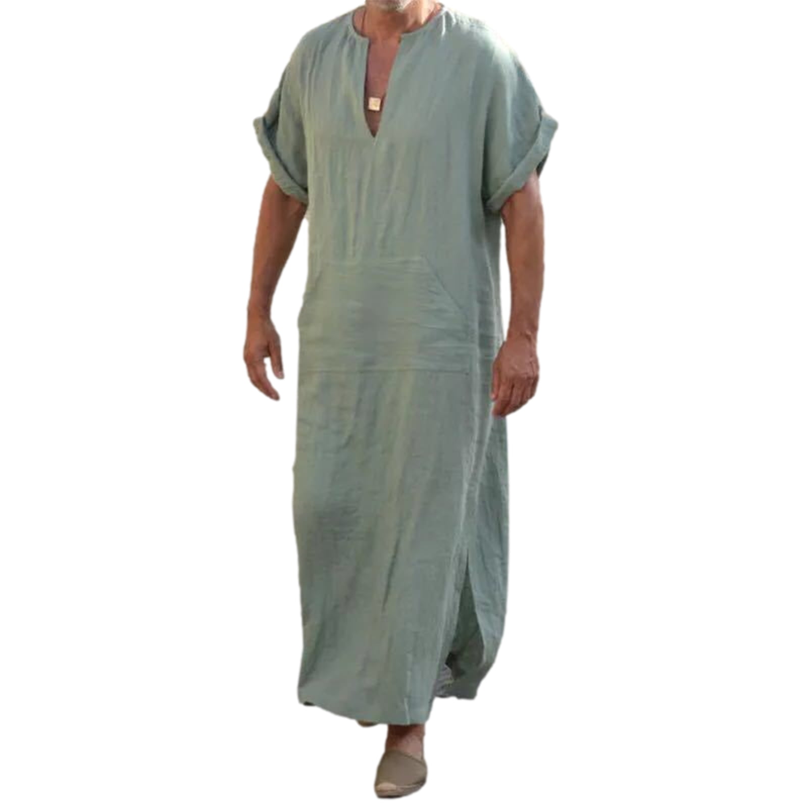Men´s Caftan V-Neck Short Sleeve Robe Side Split Cotton Nightshirt Long Sleep Short Sleeve Solid Color V-Neck Kaftan 