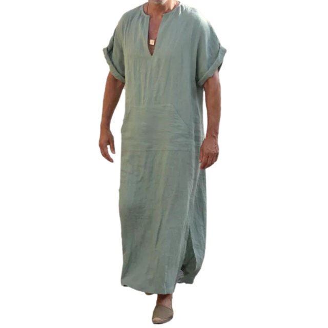 ZAXARRA Robe Ethnique pour Hommes Manches Courtes Retroussables Couleur Unie Kaftan Col en V