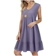 thumbnail image 2 of GEWSEY Summer Dress for Women Ruffle Cap Sleeve Pleated V Neck Dress Tiered Swing A Line Mini Dress (Purple, M), 2 of 6