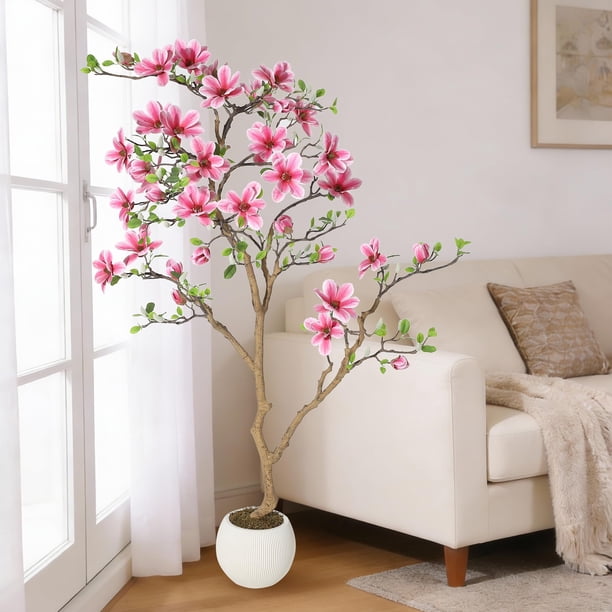 QinaQin Árbol artificial de magnolia con flores rosas, disponible en 4, 5 o 6 pies, ideal para decoración de hogar, oficina, hotel o interiores y exteriores