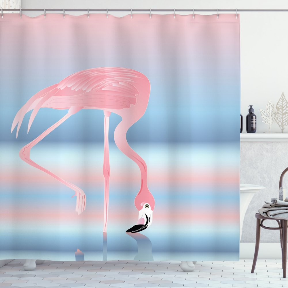 Flamingo Decor Shower Curtain Set, Illustration Of Royal Flamingo In