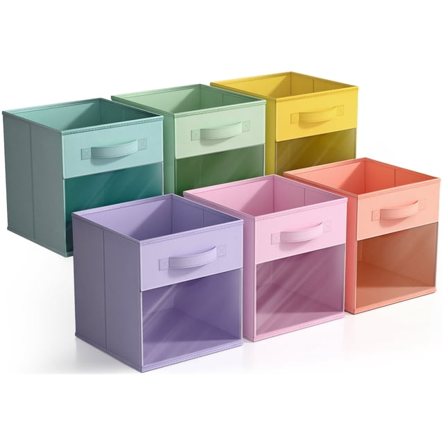 Sorbus Cubos de Almacenamiento Plegables Juego de 6 Cubos de Tela con Ventana Transparente y Asas para Estantes y Armarios (Mezcla de Colores Pastel)