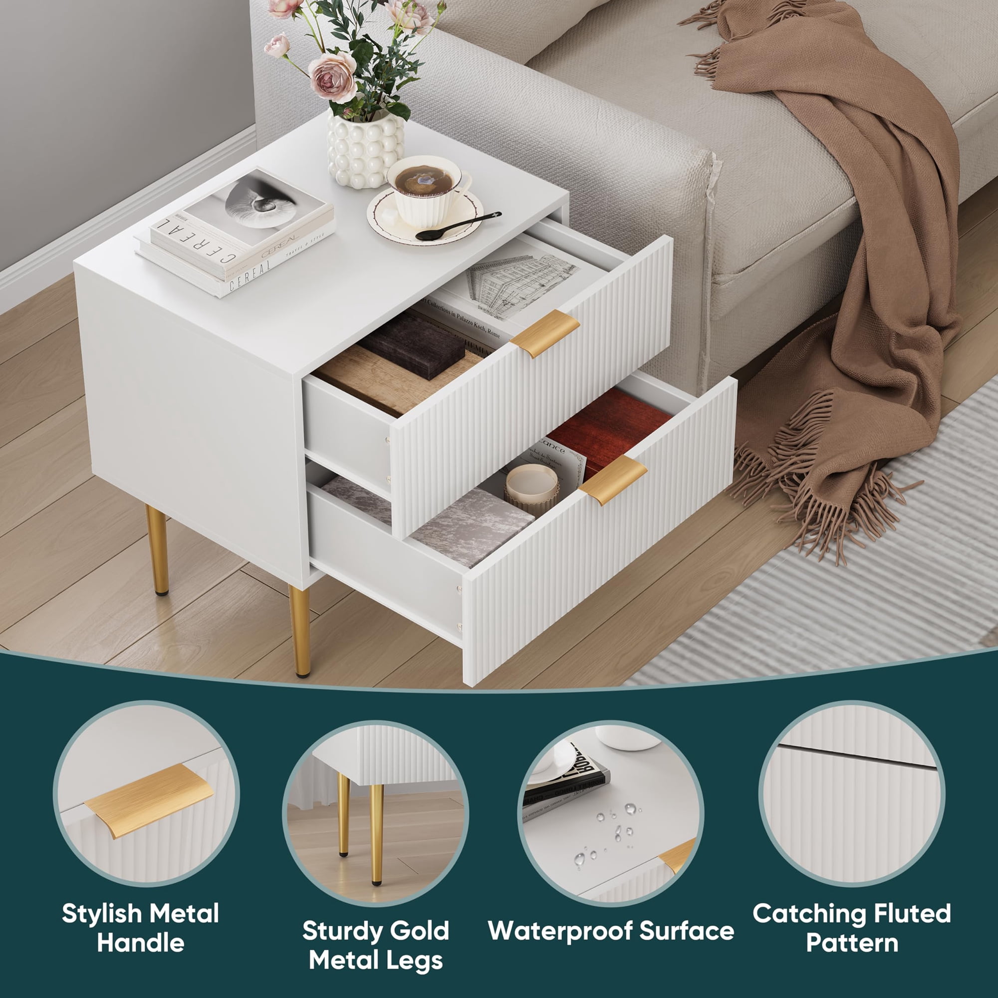 Smart FENDEE Modern Nightstands with 2 Drawers Bedside Table for Bedroom,White,Set of 2,Adult,Wooden