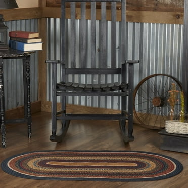 VHC Brands Stratton Primitive Jute Blue Striped Accent Rug Decor Oval w/Floor Pad 27"x48"