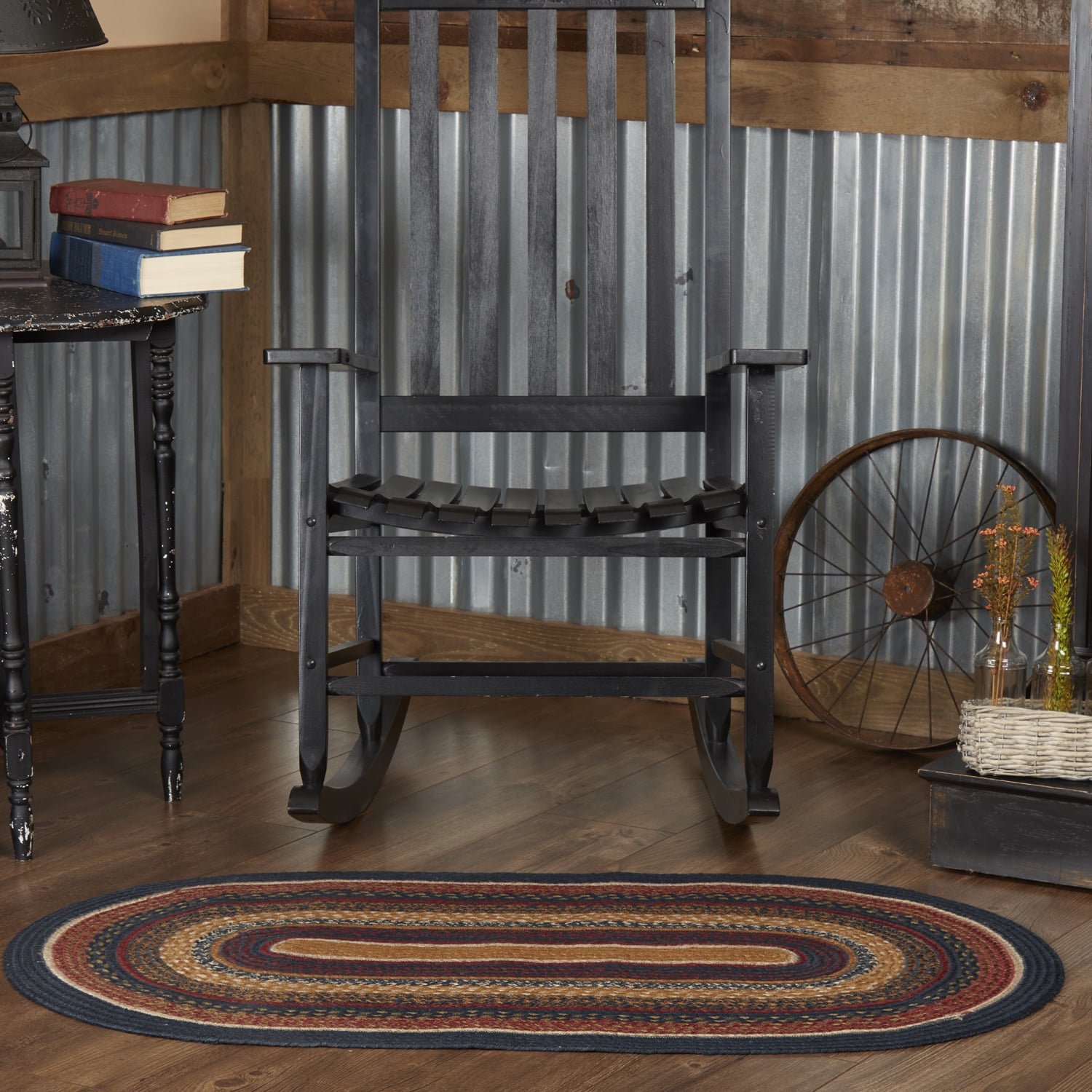 VHC Brands Stratton Primitive Jute Blue Striped Accent Rug Decor Oval w/Floor Pad 27"x48"