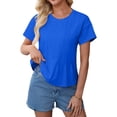 thumbnail image 3 of LWavelet Women's Pleated Blouse Short Sleeve Tops Round Neck Casual Loose Fit Summer Basic Tee Blue XL, 3 of 8