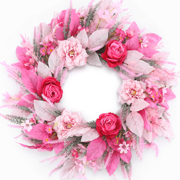 Farship 24 Inches Spring Wreaths for Front Door Artificial Silk Wreath With Rose Lavender for Window Indoors Outdoor Decor