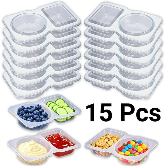 LQQBOX 15 Sets Snack Pack Containers, Reusable Snack Containers with Lids, Double Compartment Condiment Containers, Small Sauce Dipping Containers, Grab and Go Snack Box Container for Kids Adults