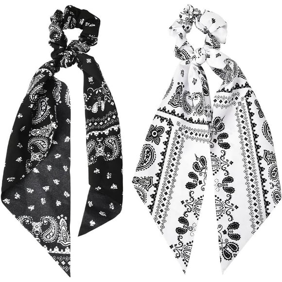 shiyou-Hair Scarf Scrunchies Hair Bow Ribbons for Women Hair Scrunchy with Ribbon Bow Scarf Hair Tie Ponytail Holders for Women Girls Paisley Bandana Hair Ribbon Scrunchie Retro Ribbon Scarf Hair Ban