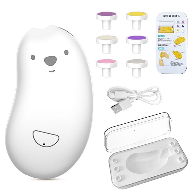 Lima de uñas eléctrica para bebés, segura, con carga USB y 6 cabezales de pulido, ideal para el cuidado de las uñas en casa, color blanco.