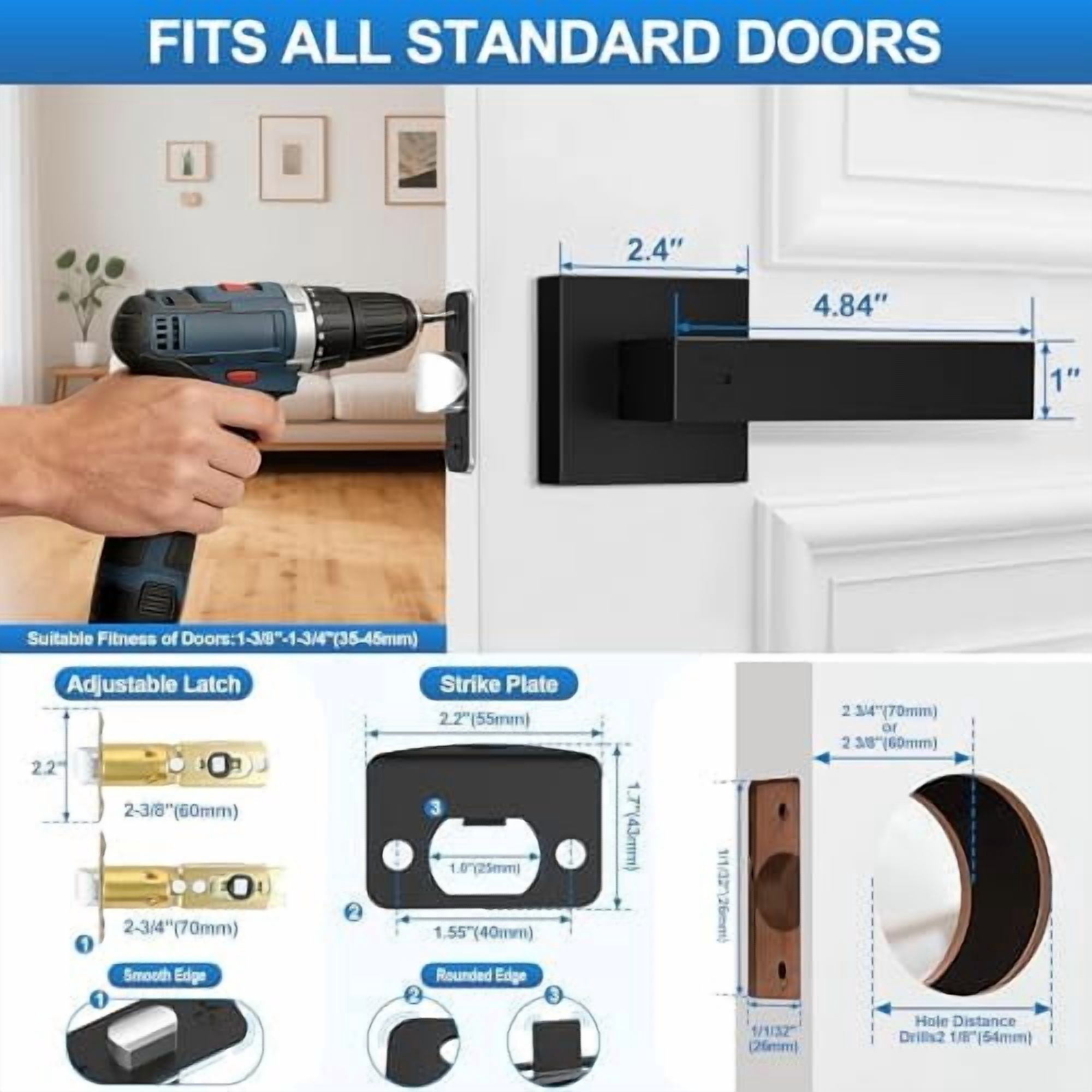 1 Pack Matte Black Door Handles, Keyless Interior Door Knobs, Privacy Door Lever Locksets for Bedroom Bathroom, Heavy Duty Square Door Lock, Reversible for Left&Right Handled Doors