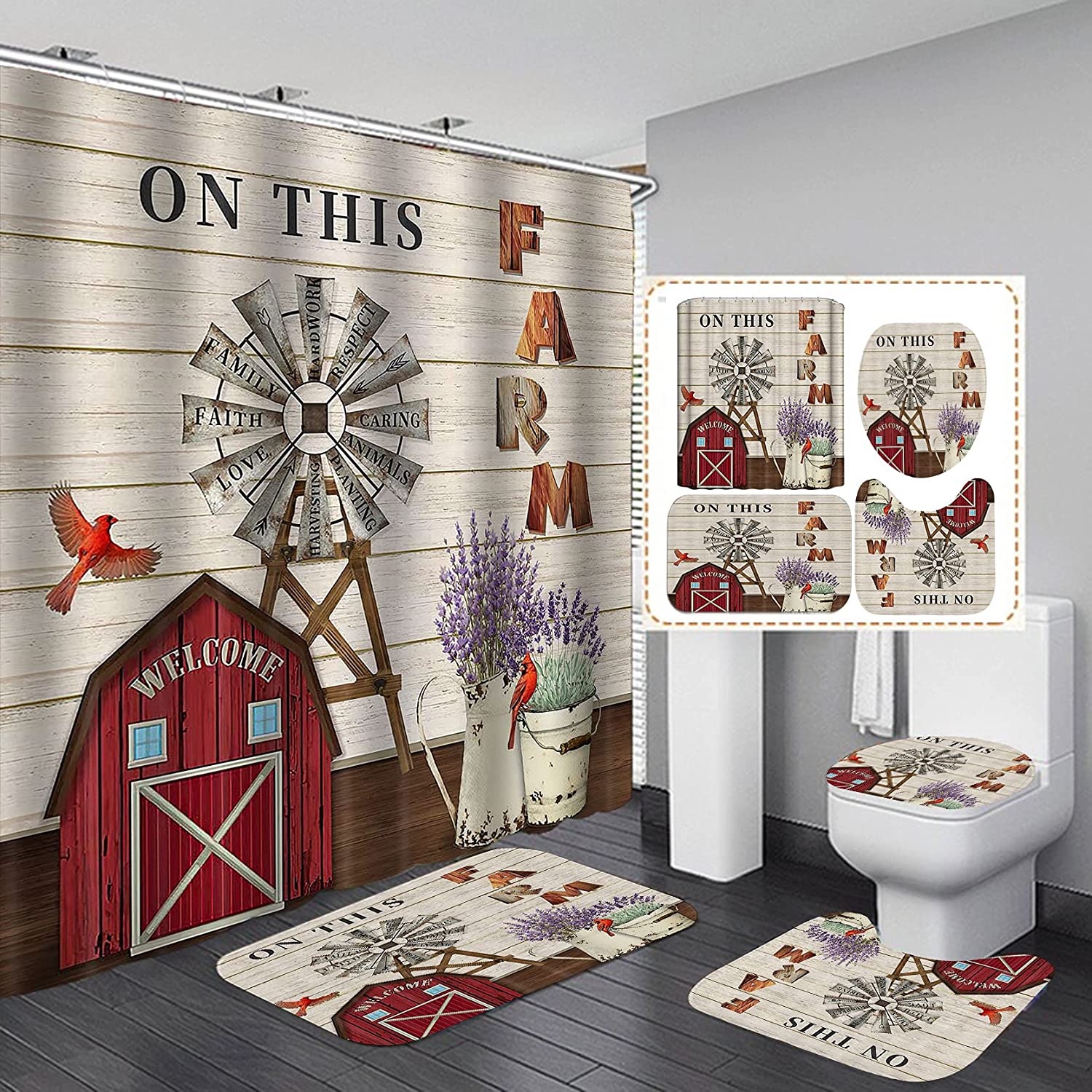 HTBUSC 4PCS/Set Shower Curtain Cow Angus Cattle Red Tractor Farm