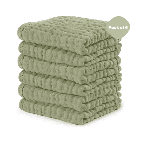 Comfy Cubs Baby Washcloths Muslin Cotton Baby Towels Large 10"x10" Wash Cloths (Sage Pack of 6)