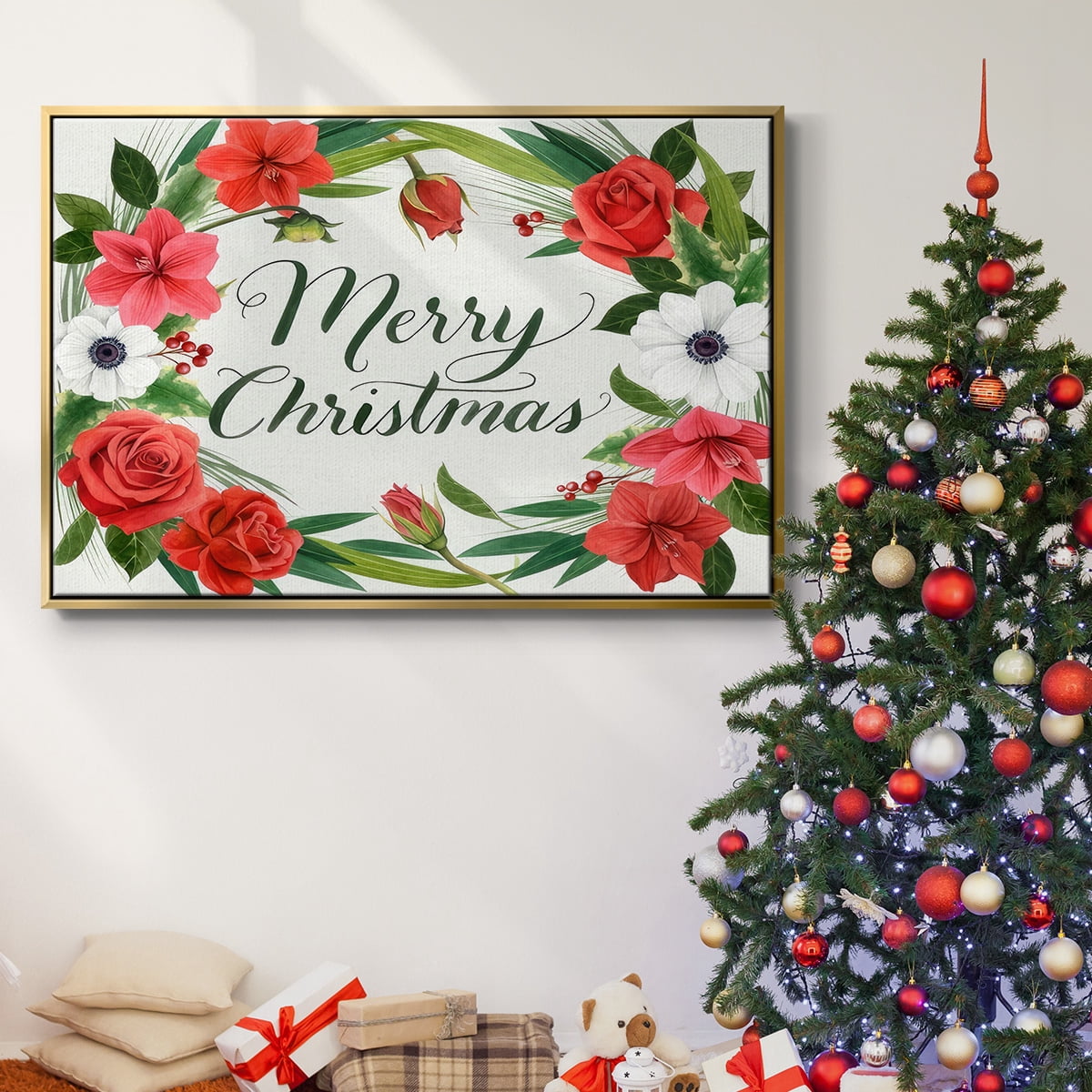 Christmas Flora Wreath Collection A - Framed Gallery Wrapped Holiday Canvas - 17 x 25 - Gold Frame