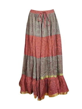 Mogul Women Red Maxi Skirt Full Flared Beach Summer Printed Boho Comfy Gypsy HIPPIE CHIC Long Skirts ML