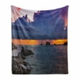 thumbnail image 1 of Beach Soft Flannel Fleece Blanket, Tropical Seashore Majestic Sunset Natural Scenery Big Clouds Rocks Exotic Landscape, Cozy Plush for Indoor and Outdoor Use, 50" x 60", Multicolor, by Ambesonne, 1 of 6