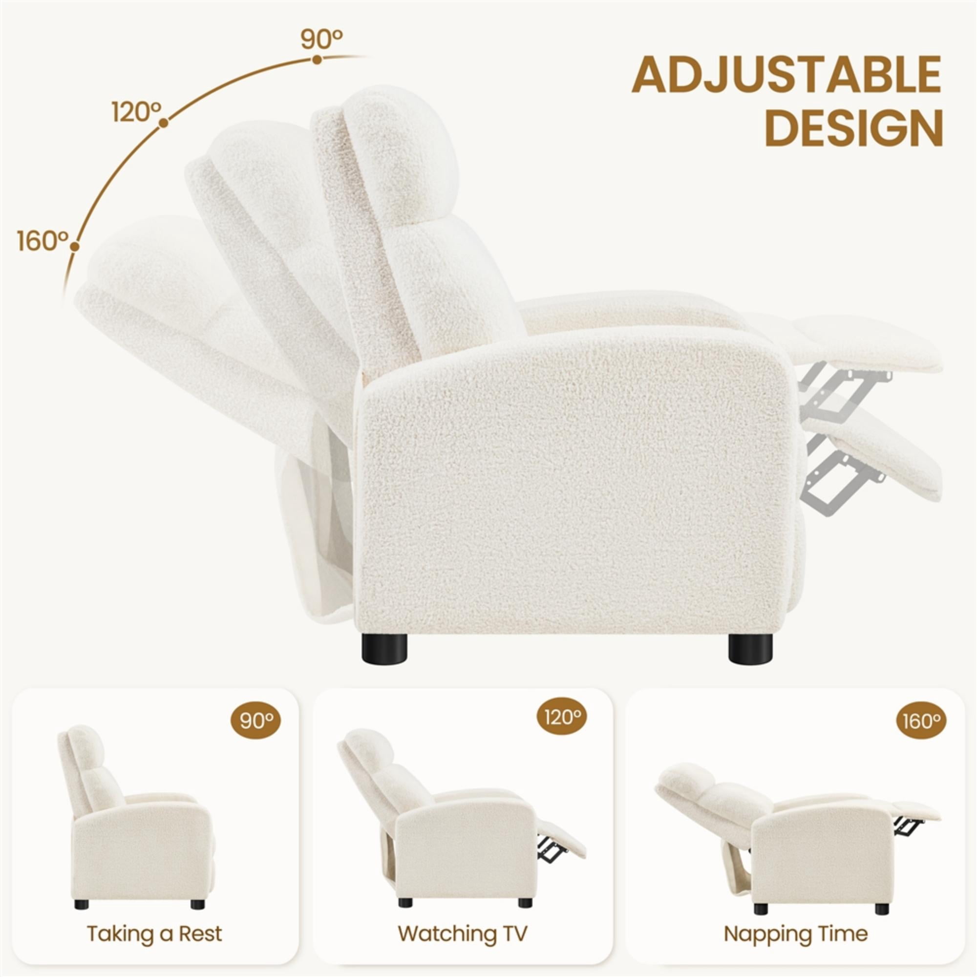 Renwick Boucle Push Back Theater Recliner Chair with Footrest, Ivory