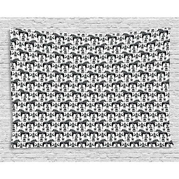 Nordic Tapestry, Swedish Folk Art with Dalecarlian Horse Silhouettes and Ornate Flower Motifs, Wall Hanging for Bedroom Living Room Dorm Decor, 60W X 40L Inches, Black and White, by Ambesonne