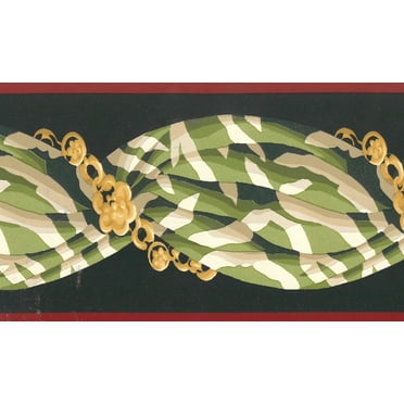 Dundee Deco Prepasted Wallpaper Border - Abstract Red Trim, Green, White, Yellow Curtains, 15 ft x 3.31 in