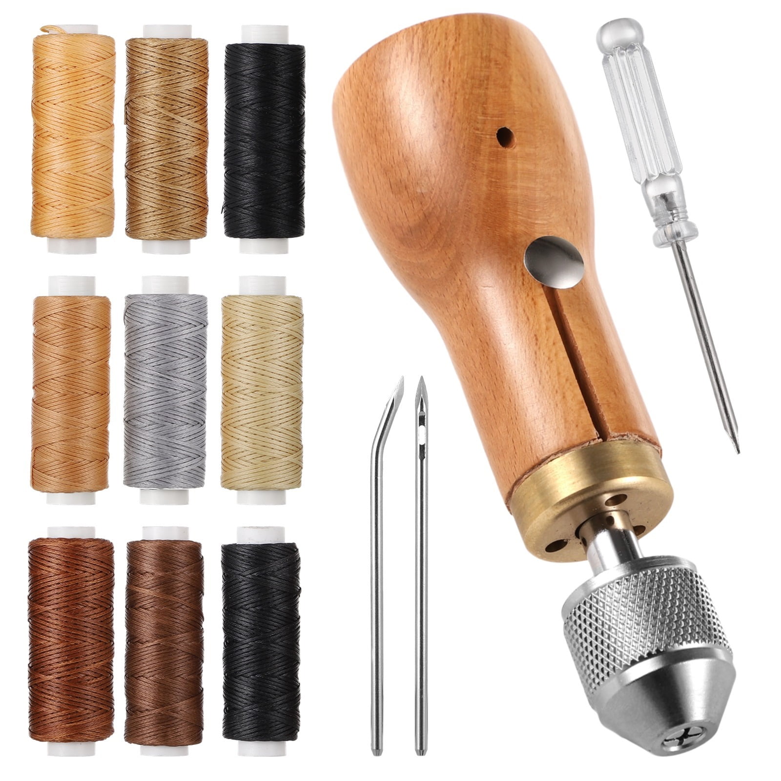 Leather Sewing Awl Thread Kit, 13 PCS Portable Sewing Awl Kit, Wood Handle Stitching Awl, Manual Sewing Awl with Needles & Waxed Thread, Hand Stitcher Repair Tool for Leather, Heavy Fabrics, Canvas