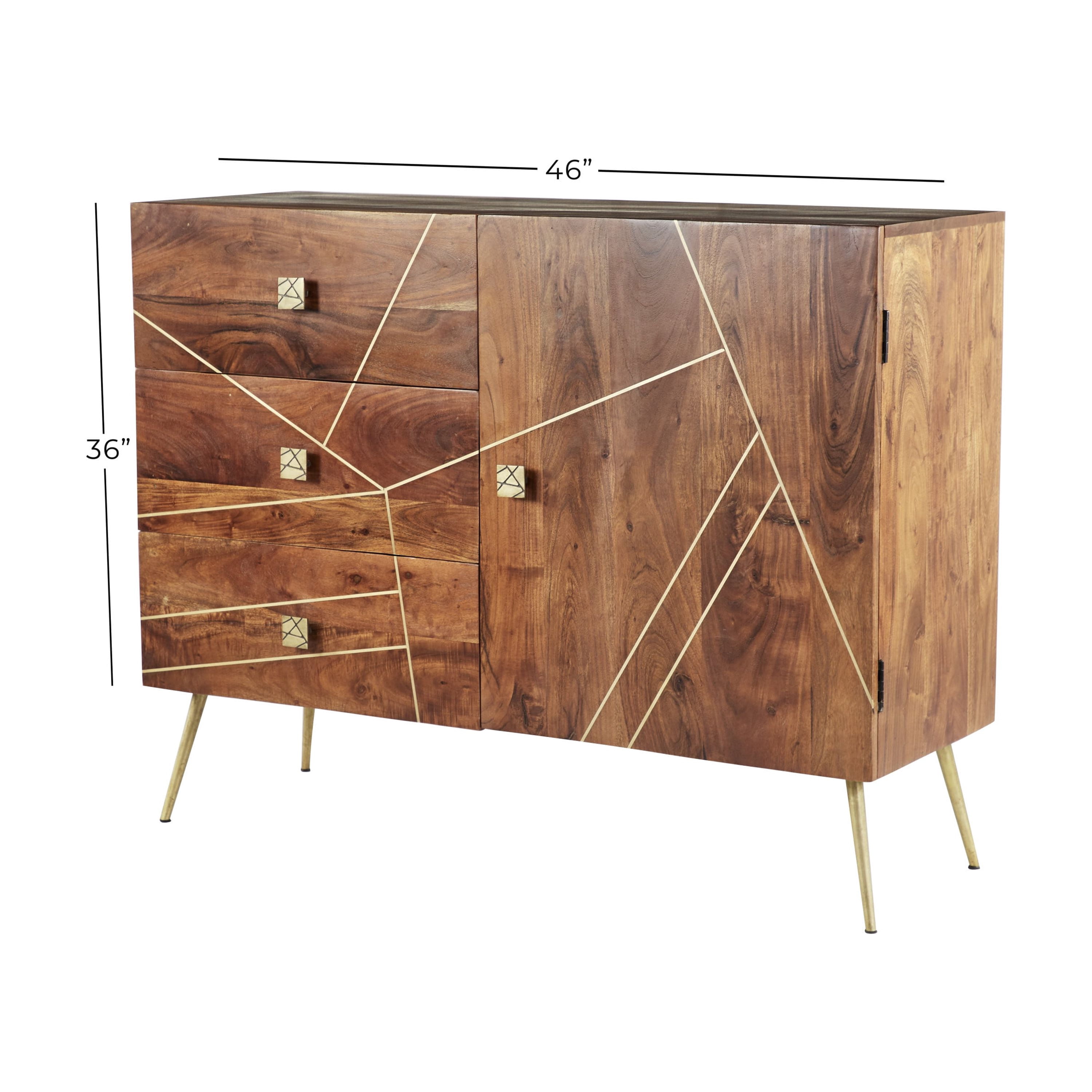 DecMode 46" x 36" Brown Metal 3 Drawers 1 Shelf and 2 Doors Buffet with Gold Inlay, 1-Piece