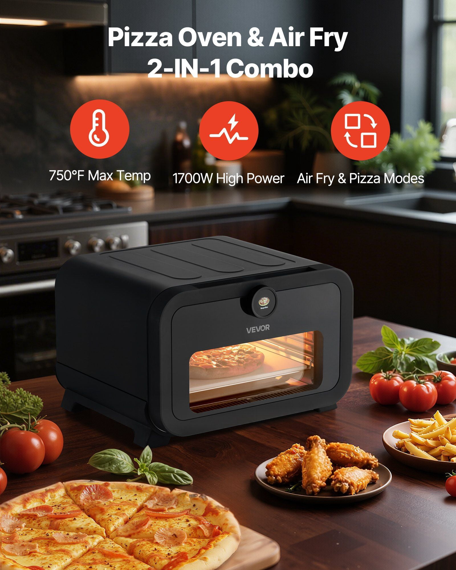 Electric Pizza Oven Air Fryer Combo 12 Inch Indoor Pizza Maker 8 Presets Smart Knob Control 750 Fahrenheit Max Temp IPX4 Waterproof Countertop Cooker with Pizza Stone