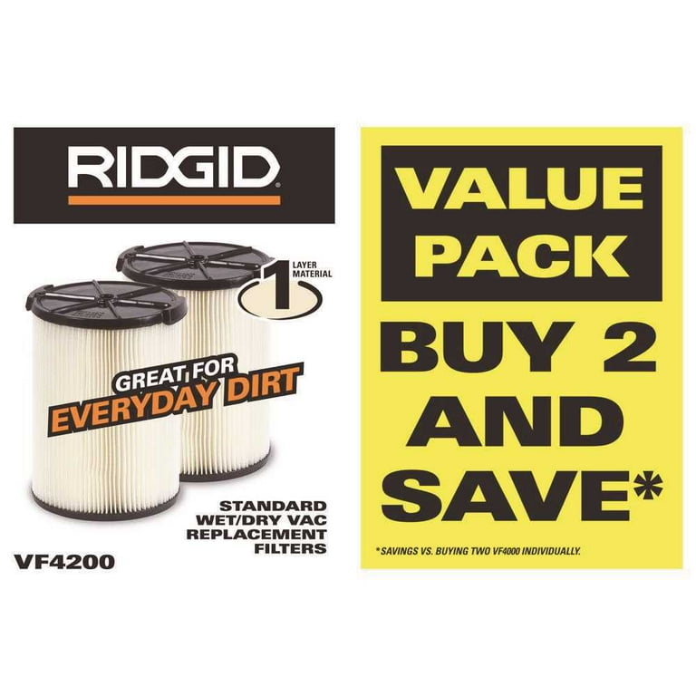 1-Layer Standard Pleated Paper Filter for Most 5 Gal. and Larger RIDGID Wet/Dry Shop Vacuums (2-Pack) 1-Layer Standard Pleated Paper Filter for Most 5 Gal. and Larger RIDGID Wet/Dry Shop Vacuums (2-Pack)