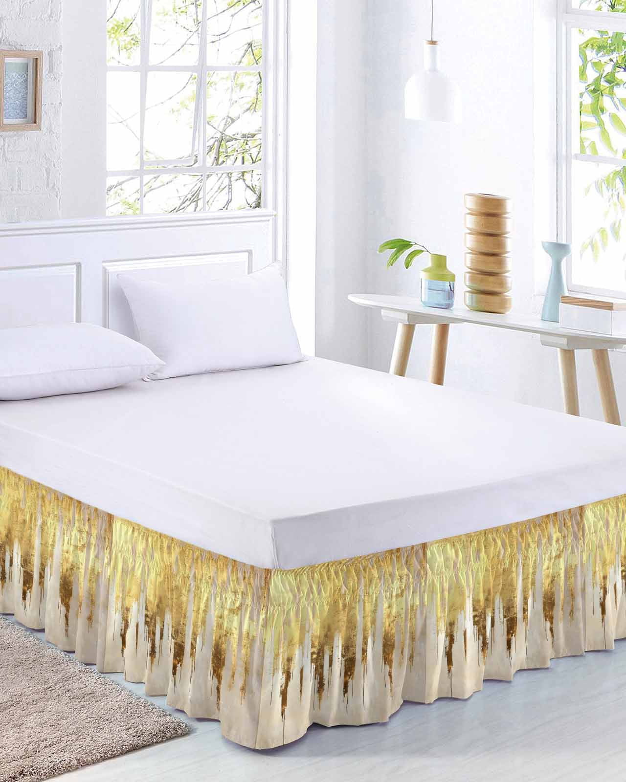 Abstract Gold Bed Skirt King Size, Modern Brush Luxury Strokes Artwork Wrap Around Bed Skirting with Adjustable Elastic Strap, Dust Ruffle Pleated Bedskirts 16 Inch Drop for Bedroom King Beds