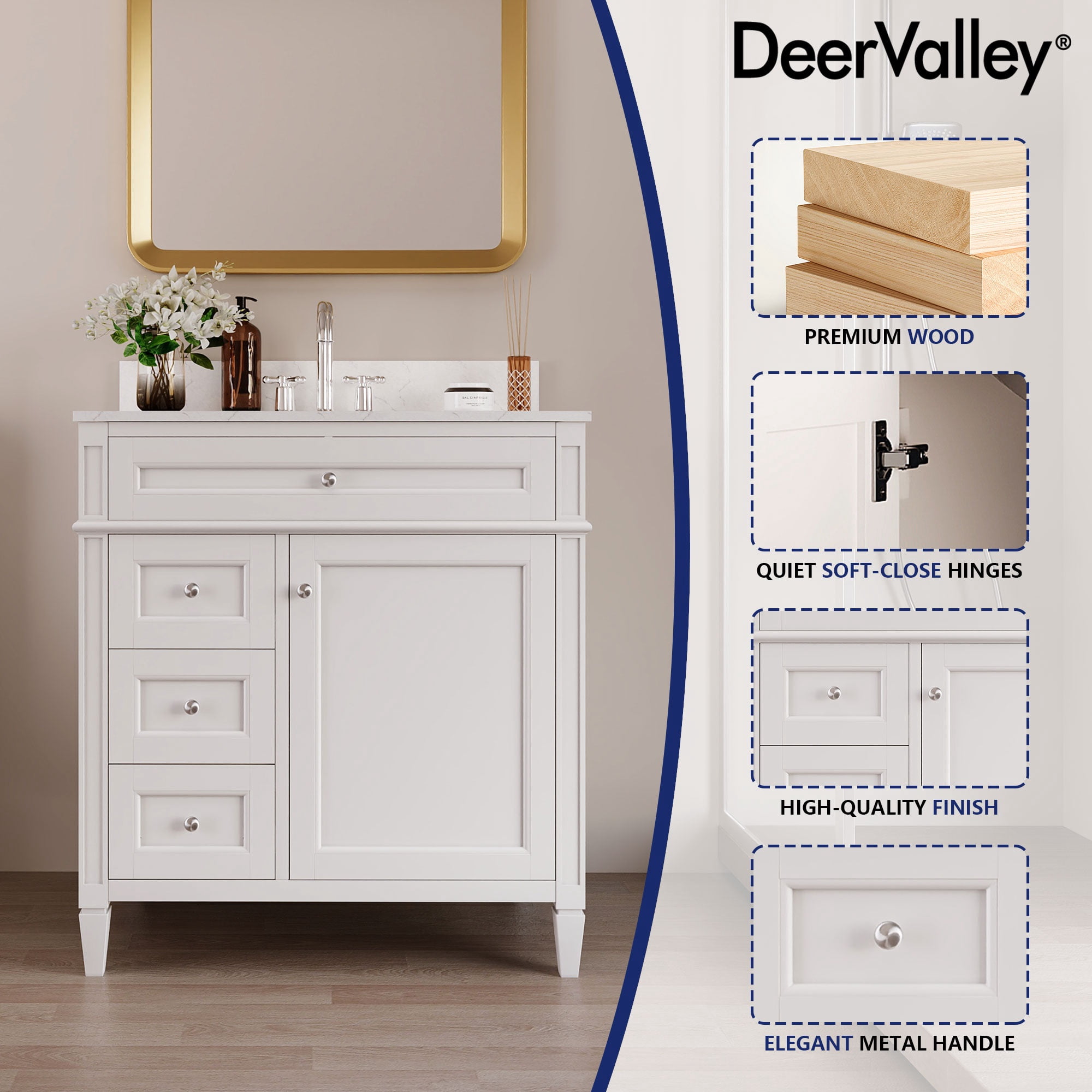 DeerValley Bathroom Vanity 30 Inch Bathroom Vanity with Sink and Backsplash, Pre-Assembled Modern Bath Cabinet with Storage, Soft Close Doors, White