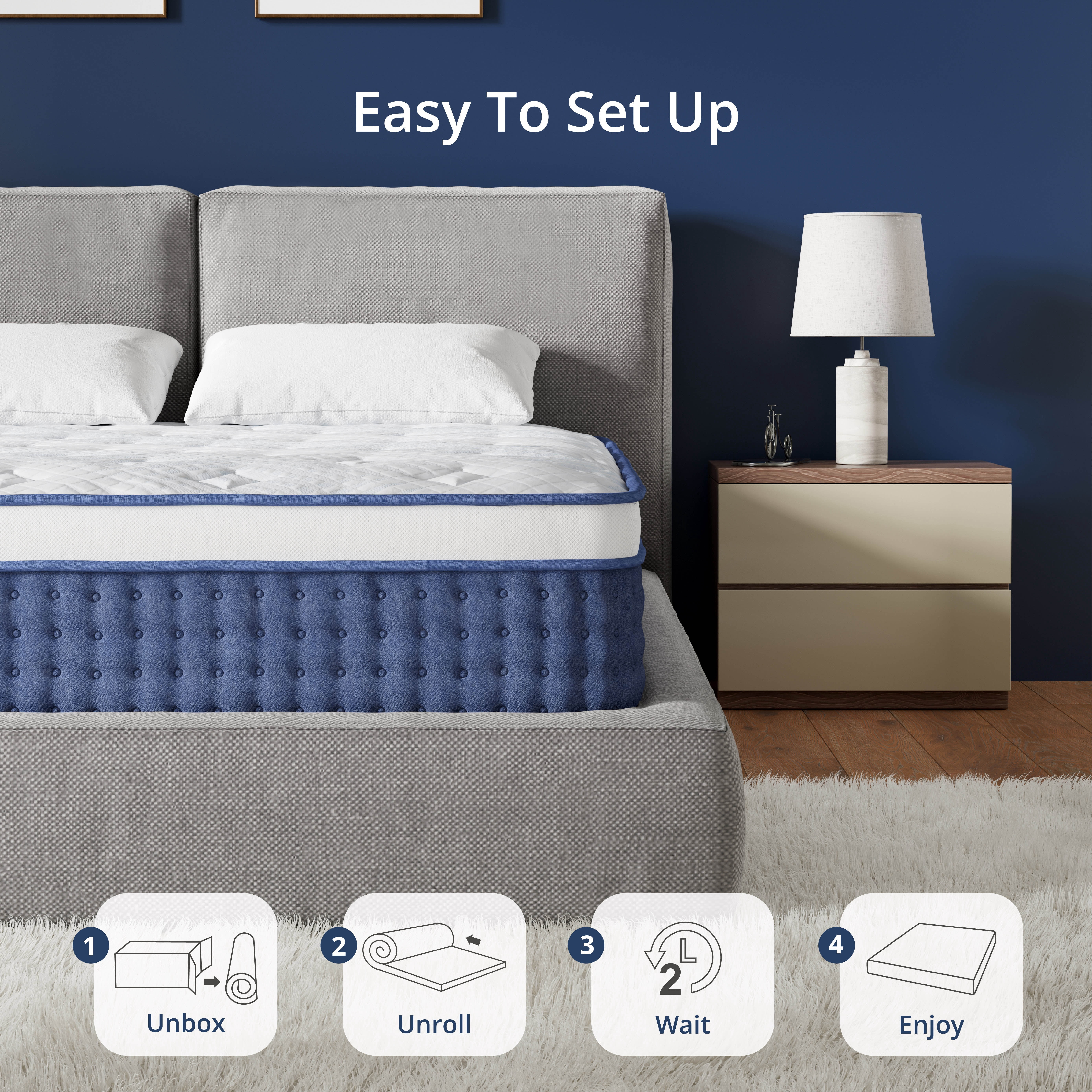EGOHOME StarryRest Queen Mattress, 14" Hybrid Mattress in a Box, Medium, Blue