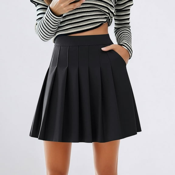 Skirt Casual Stretch Waist Pleated Skirt Pockets A Line Mini Skirt For Summer Daily Wear Comfortable Flowy Feminine Outfit Black XL