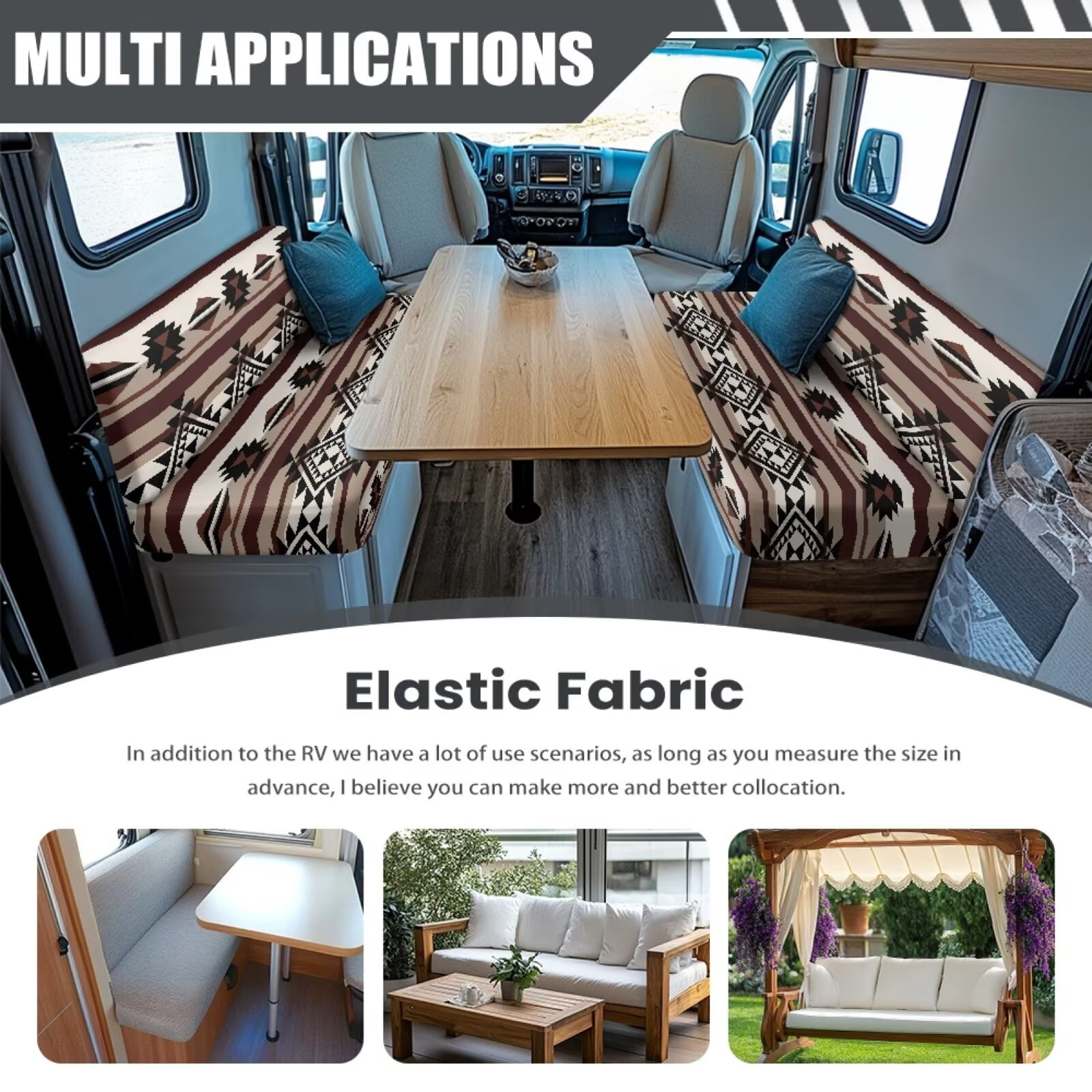 Uorisanigo RV Dinette Cushions Stretchable Camper Seat Cushion Slipcovers Aztec Geometric Print RV Beach Seat Cover for Dinette with 1 Backrest & 1 Bench Covers for RVs Camper Car Bench