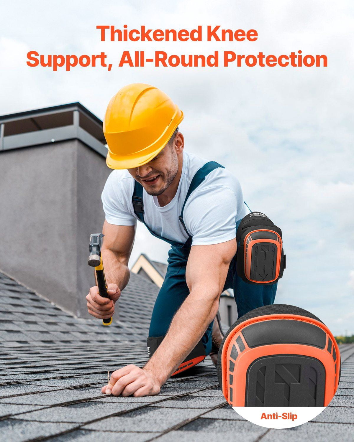 Heavy Duty Knee Pads for Construction Work, Anti-Slip Gel Cushion with 2 Extension Straps, Durable for Roofing Flooring Gardening Cleaning, Men & Women, Black/Orange