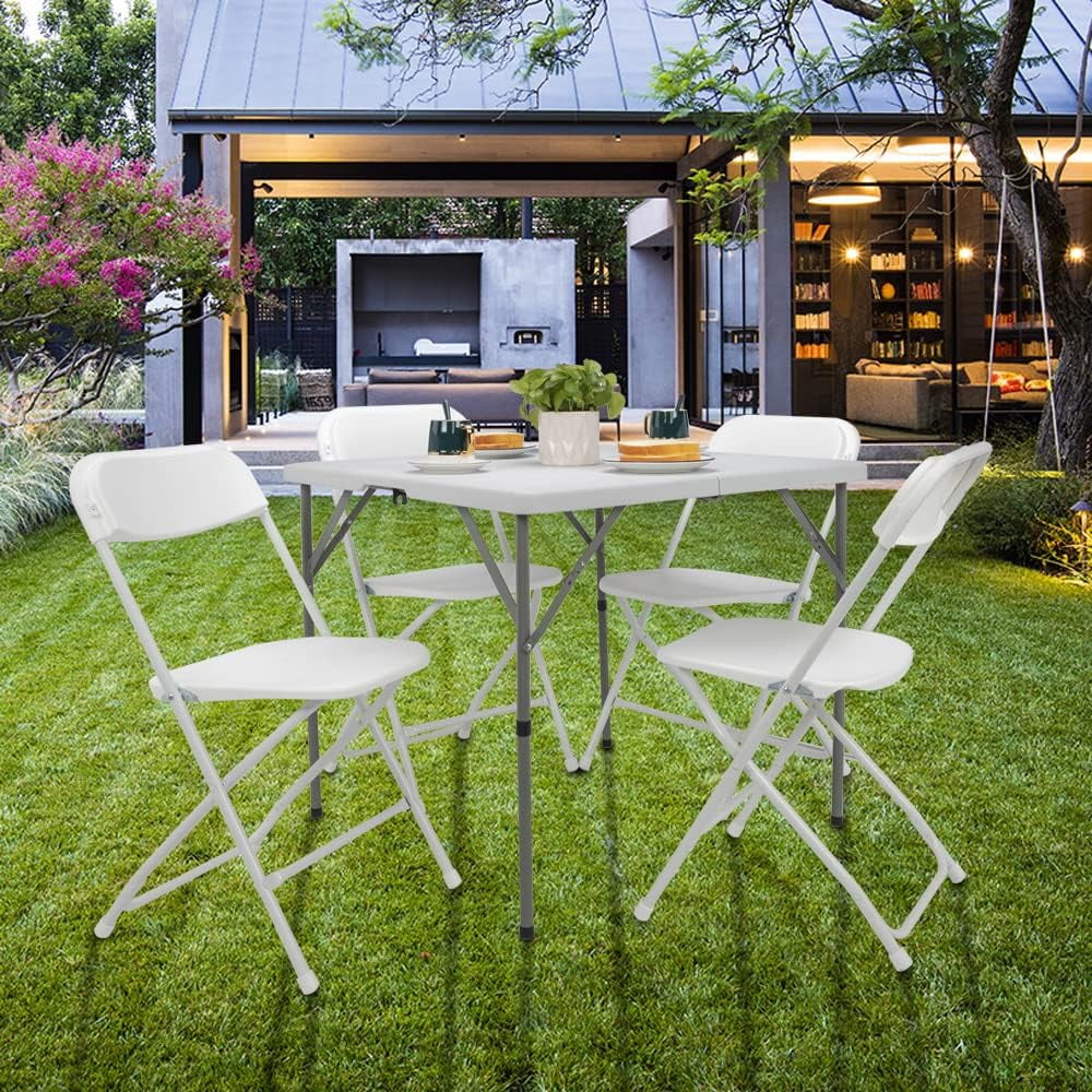 VINGLI Outdoor Dining Set 34 inch Folding Table with 4 Plastic Folding Chairs, Sturdy for Outdoor, Home, Kitchen, White, 5 Pieces Set