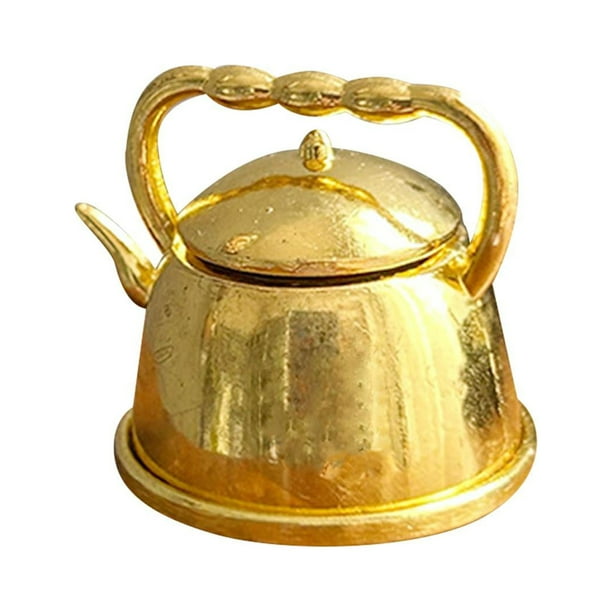 Tetera en miniatura para casa de muñecas, tetera de metal, muebles de comedor, modelo de tetera, accesorio amarillo