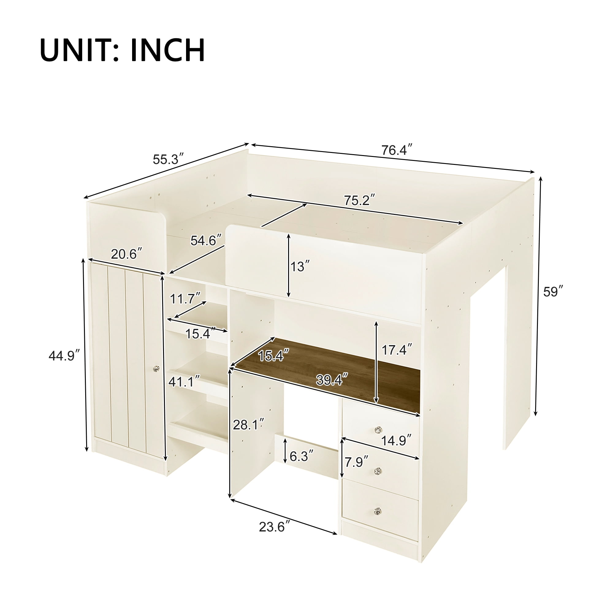 Euroco Wood Full Size Loft Bed with Wardrobe and Desk, 3 Drawers and Shelves for Kids Teens, Beige