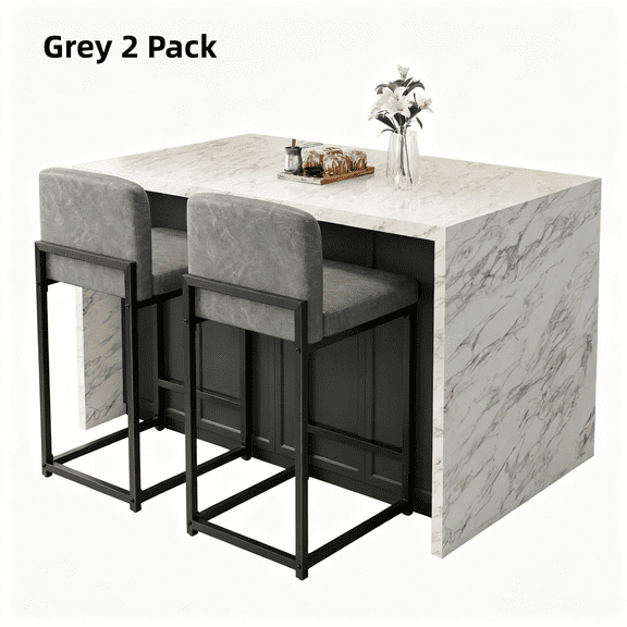 Set of 2 Modern Bar Stools - Upholstered 24.8" Counter Height Faux Leather Chairs for Kitchen Island, Dining Room, Home Bar, Grey