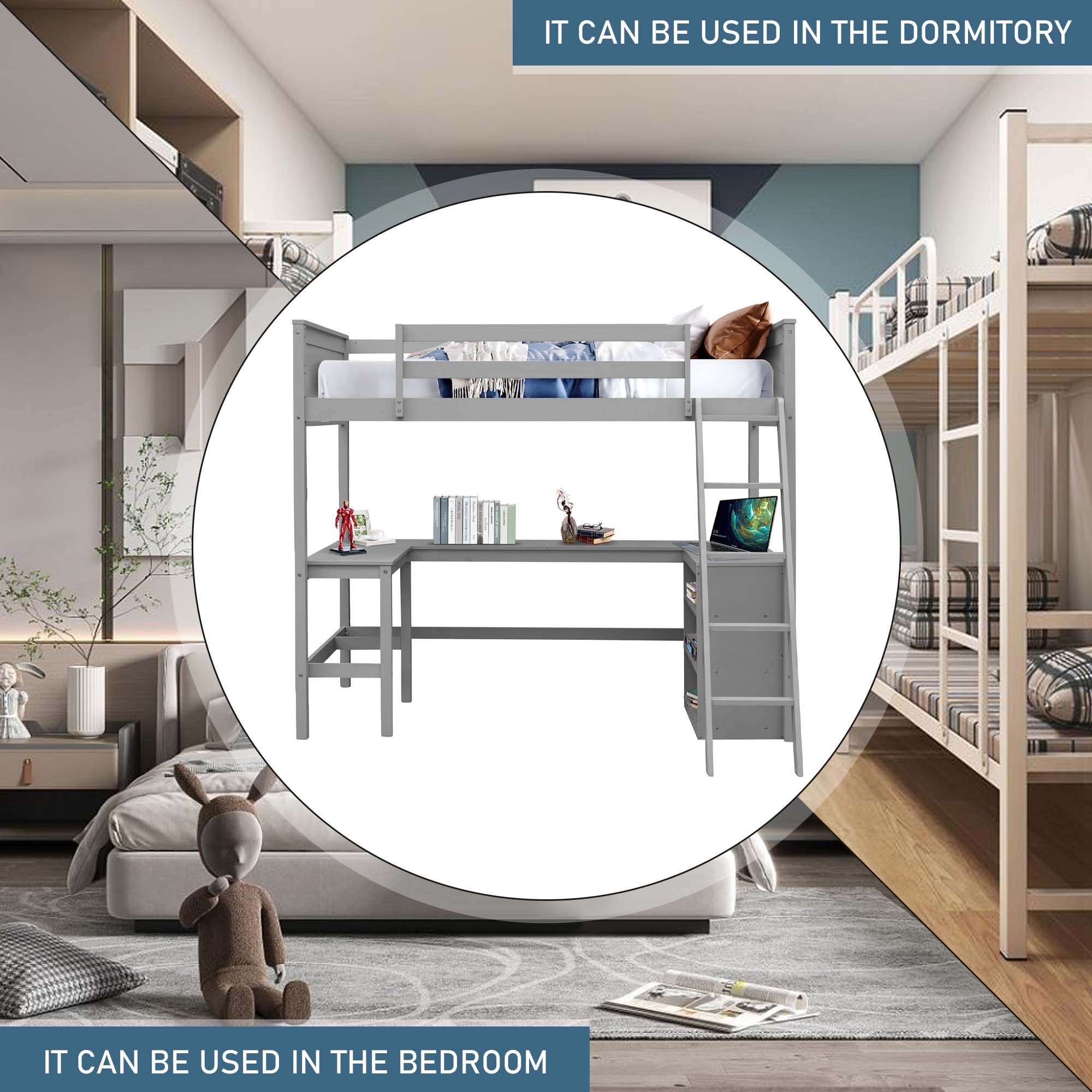 Aukfa Full Size Loft Bed with Desk and Shelves, Solid Wood Platform Loft Bed for Kids Teens Dorm - Gray