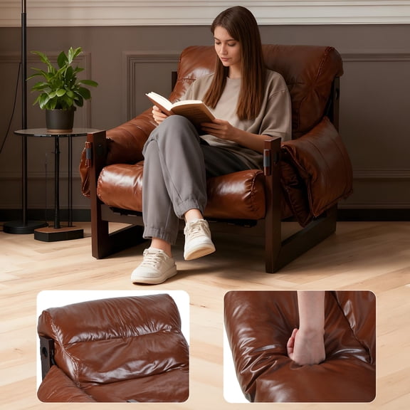 Tereitr Single Sofa Chair, Faux Leather Accent Mid-Century Modern Chair, Armchair, Thickened Cushion Lounge Chair for Bedroom Living Room, Brown