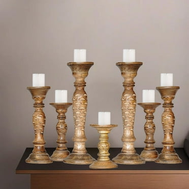 Traditional Medium Burnt Eco-friendly Handmade Mango Wood Set Of Seven 15",12",9",6",9",12" & 15" Pillar Candle Holder for use, Living Room, Dinning Room, Study Room, Restaurant, Place Of Worship