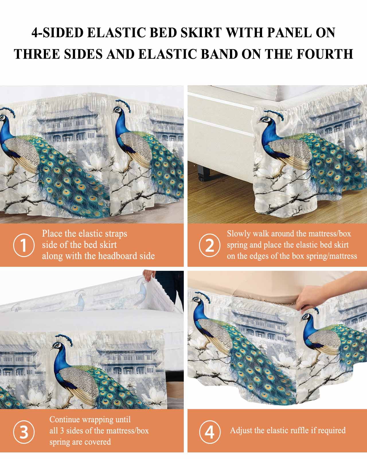 Elegant Peacock Wrap Around Bed Skirts for Queen Bed 16" Drop,Bed Skirt with Adjustable Elastic Belt Dust Ruffle Bed Valance for Bedroom Hotel Vintage Attic Magnificent Feathers Bed Frame Cover