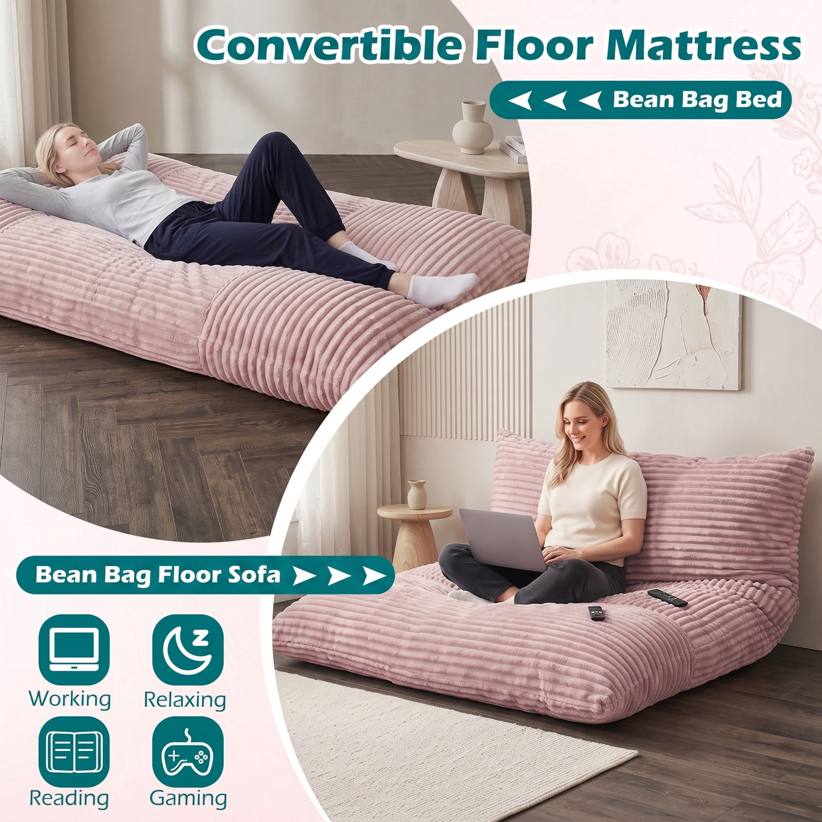 Furnibear Convertible Bean Bag Floor Sofa with Machine-Washable Corduroy Cover, Shredded Foam Lounger Bean Bag Bed for Dorm Living Room Gaming Reading Naps, Pink