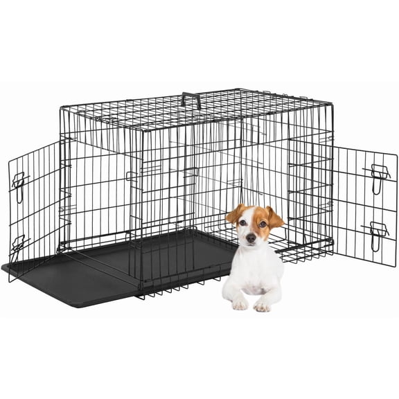 30 inch Dog Crate Dog Kennel Cage with Double Door Folding Metal Wire Dog Cage with Removable Tray&Divider Panel,Pet Crate for Medium Dogs,Black