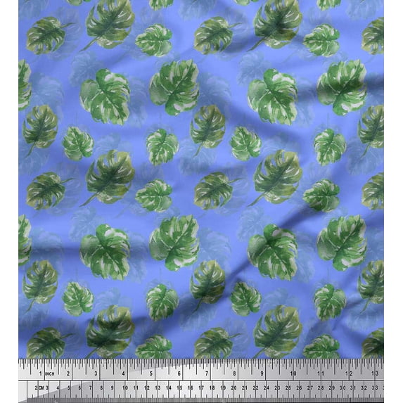 Soimoi Blue Cotton Cambric Fabric Monstera Leaves Print Fabric by the Yard 58 Inch Wide