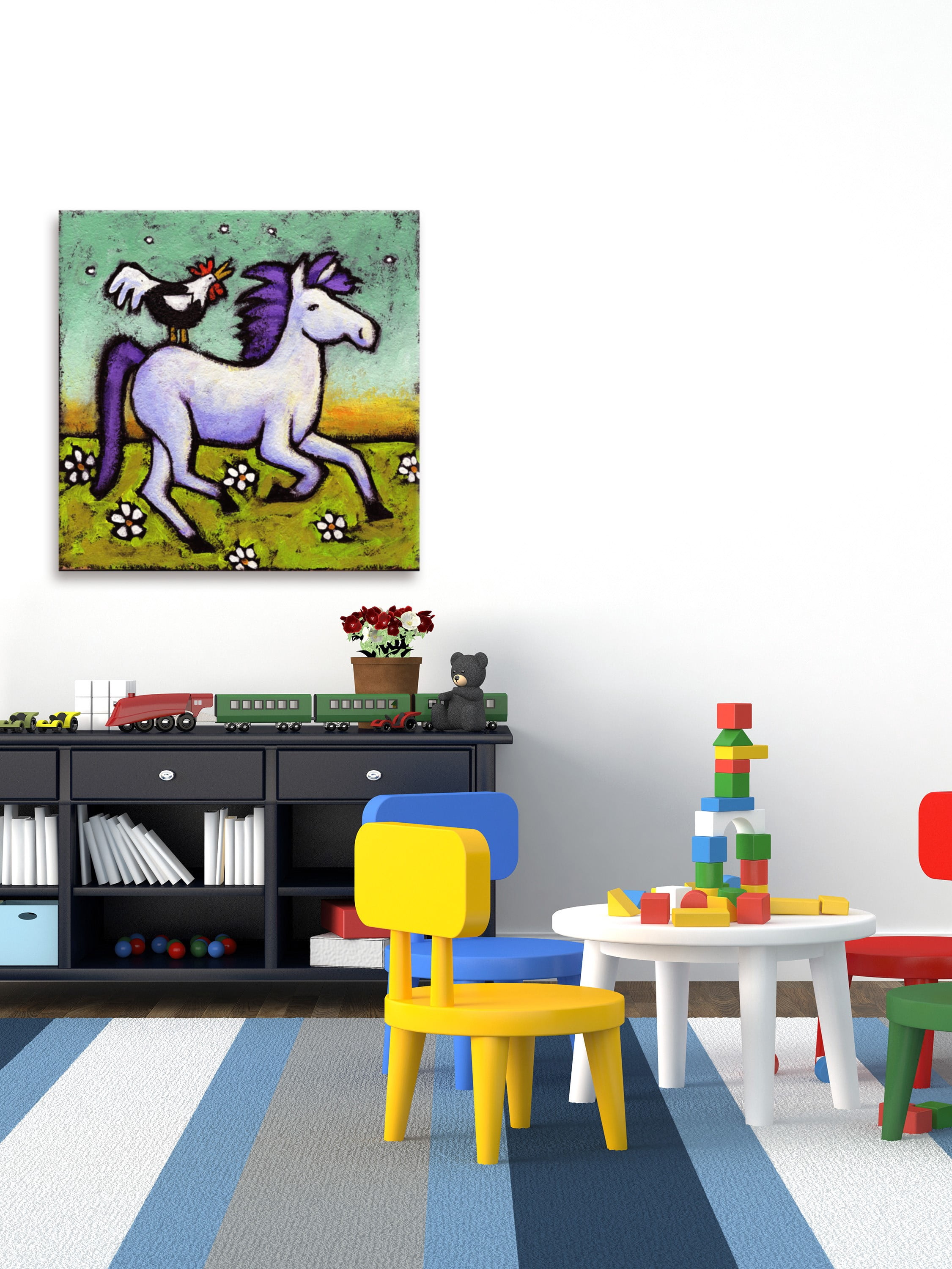 "Rooster Rides a Horse" Painting Print on Wrapped Canvas