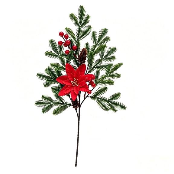 2PCS Faux Christmas Evergreen Branch 21.2In, Artificial Velvet Poinsettia Pine Stem with Red Berries Pine Cones for Holiday Home Table & Wreath DIY Decor