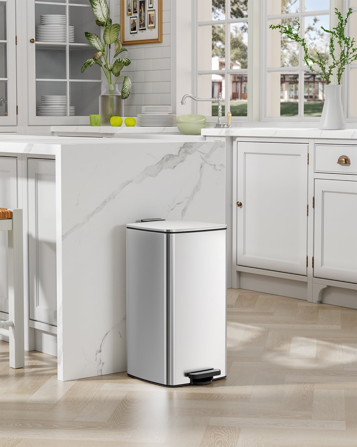 Arlopu Trash Can, 8 Gallon Stainless Steel Step Kitchen Garbage Can with Step Pedal and Soft-Close Lid, Silver