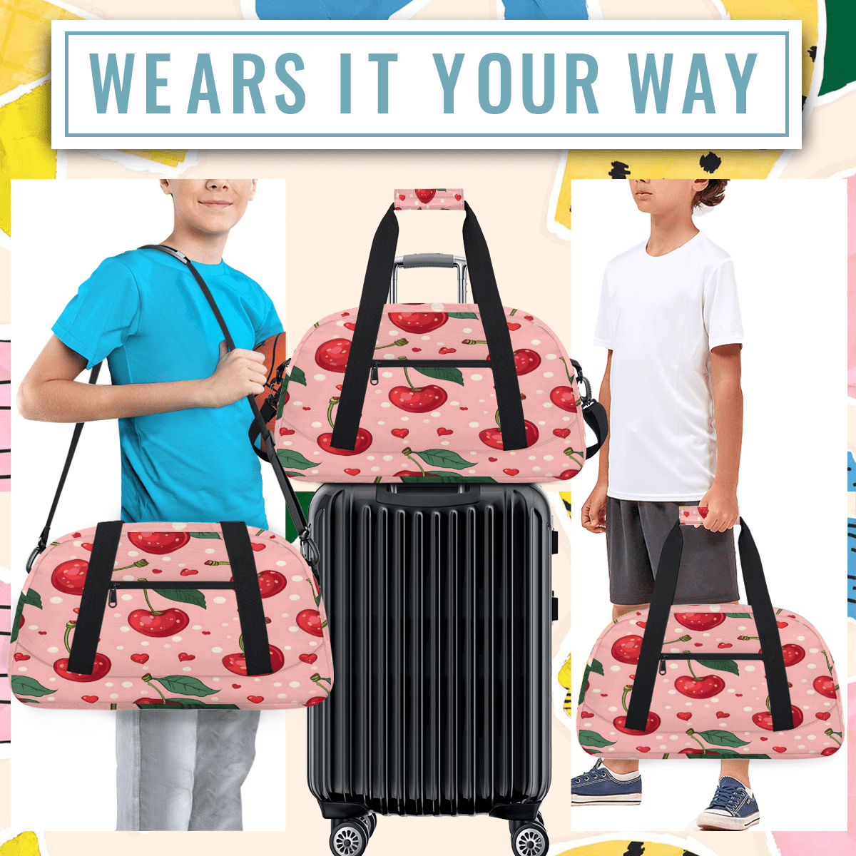 Herdesigns Sports Duffle Bags Travel Duffle Bag Gym Bag Cherry Weekender Travel Bag Waterproof Overnight Bag Carry On Travel Tote Bag Dance Bags